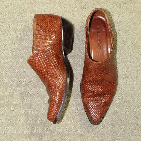 Cole Haan Women's 7.5AA Cognac Woven Leather Low Ankle Bootie - Picture 1 of 6